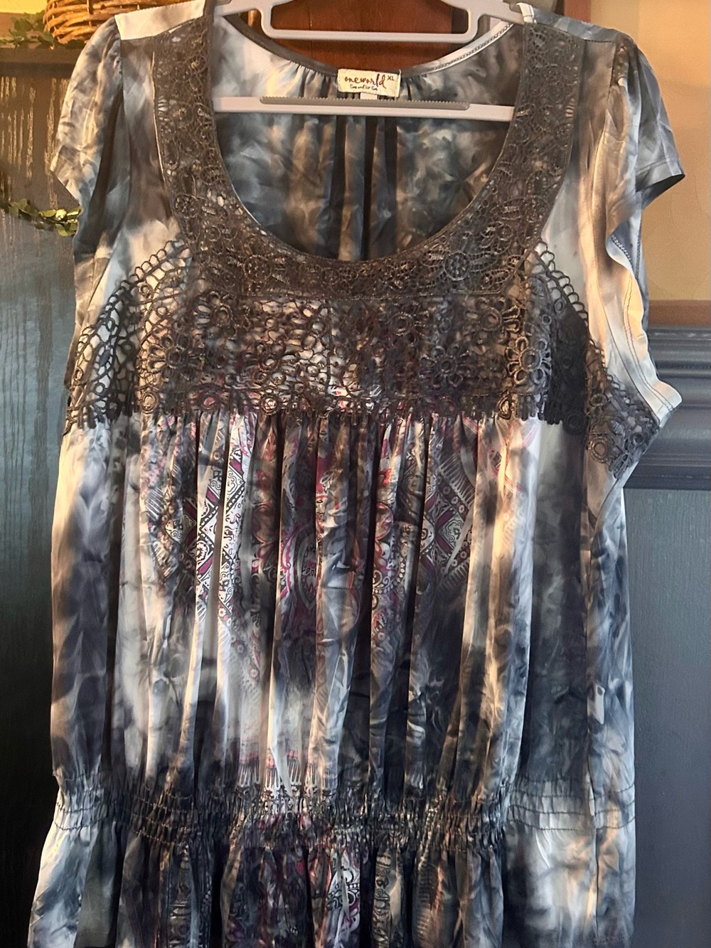 One World Knit Lace Yoke Blue Tie-Dye Women’s Top
